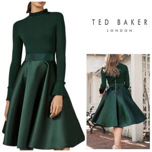 Ted Baker Zadi Frilled Fit and Flare Combo Dress in Emerald Green